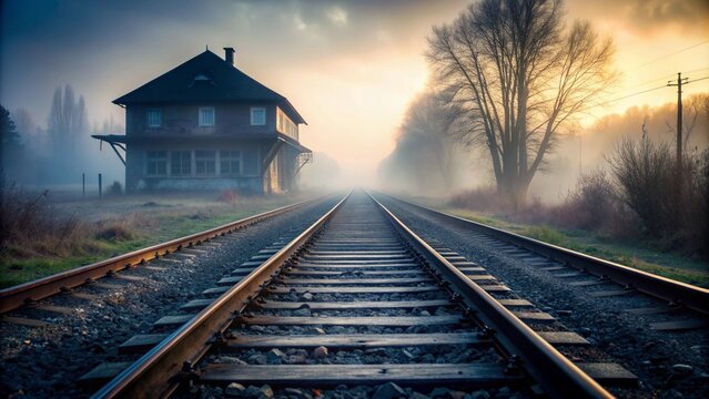 Fog-covered train tracks disappearing into the distance, with the silhouette of an old, abandoned train station.