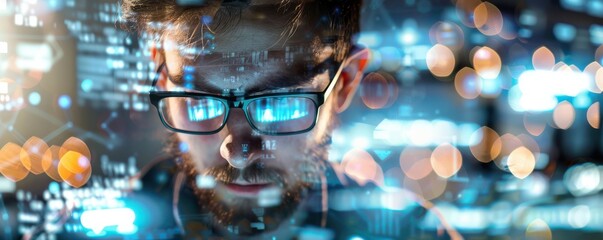 Man facing digital interface with futuristic technology graphics. Free copy space for banner.