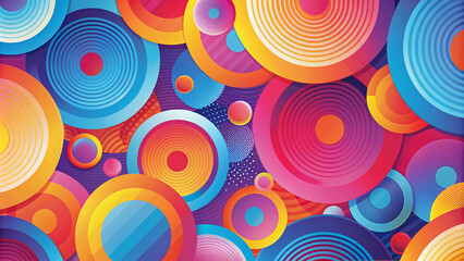Fototapeta premium Vibrant abstract flat vector background featuring colorful overlapping circles in shades of pink, blue, yellow, and orange, creating a dynamic and playful visual effect.