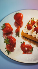 strawberry waffles on a colorful back ground, mirror reflection 