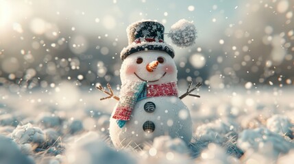 Cheerful Snowman with Top Hat and Scarf Standing in a Frosty Meadow on a Winter Day, Generative Ai