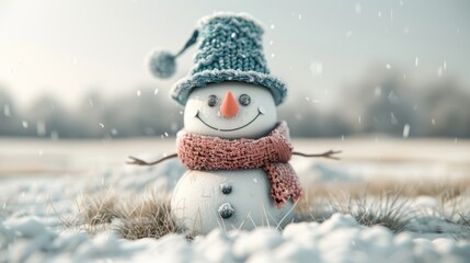 Obraz premium Cheerful Snowman with Top Hat and Scarf Standing in a Frosty Meadow on a Winter Day, Generative Ai