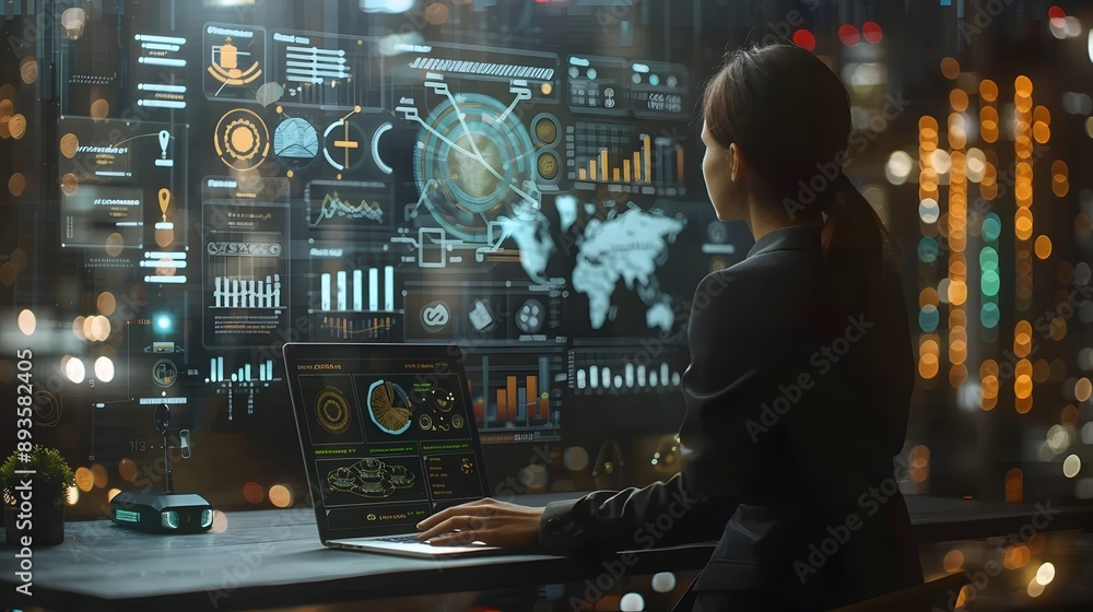 Poster visionary ceo brainstorming with tech startup team surrounded by innovative gadgets and data analyti