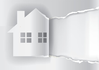 

House for sale , advertisement white banner template.
 Illustration of ripped paper house symbol with place for your text or image. Vector available.	
