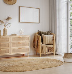 Mock up frame in home interior background, cozy bedroom with natural rattan furniture, 3d render