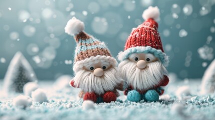 Playful Christmas Gnomes with Red Hats Frolicking in Snowy Landscape - Whimsical Winter Characters Spreading Joy, Generative Ai