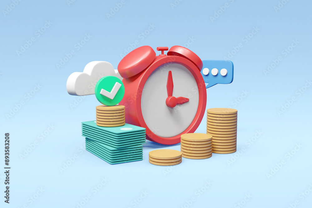 Poster 3d render featuring an alarm clock, banknotes, a checkmark, coins, and a speech bubble to convey the
