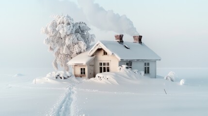 Cozy Snow-Covered Cottage with Whimsical Smoke - Idyllic Winter Retreat in Snowy Wonderland, Generative Ai