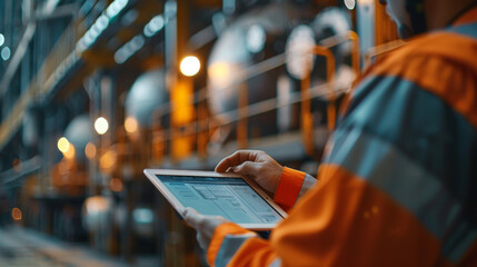 Engineer in high-visibility clothing using a digital tablet to monitor operations in an industrial warehouse setting.