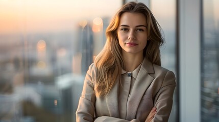 Fototapeta premium Confident Professional Businesswoman in High Rise Office Overlooking City Skyline