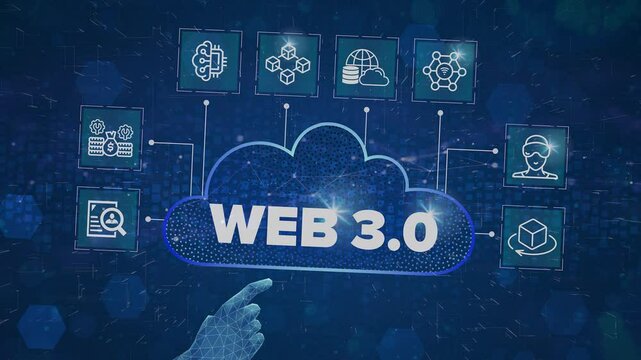 Web 3.0 Cloud construction concept video on virtual screen. Semantic Web, Metaverse, 3D Graphics, Connectivity (Ubiquity), Decentralization, Digital Identities, Micropayments, AI, Big Data, Blockchain