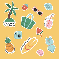 Set of summer beach vector elements. Beach vacation stickers for diary.