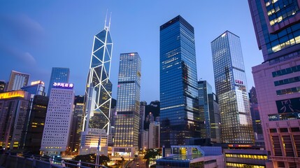 Obraz premium Hong Kong Skyline at Dusk with Illuminated Skyscrapers