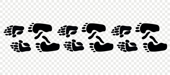 Footpath trail of animal. Gorilla paws. Gorilla paws walking randomly print vector isolated on checkered background.	