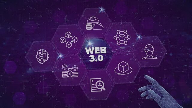 Web 3.0 construction concept video on virtual screen. Semantic Web, Metaverse, 3D Graphics, Connectivity (Ubiquity), Decentralization, Digital Identities, Micropayments, AI, Big Data, Blockchain.