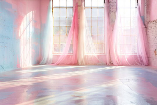 whimsical ballet studio backlit in pastel colors concrete floor side windows background 