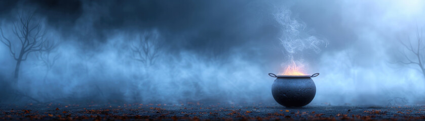 Mysterious foggy landscape with a glowing cauldron emitting smoke in a dark forest, perfect for fantasy and Halloween themes.