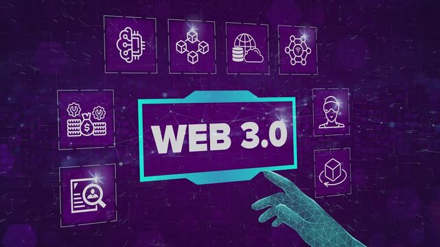Web 3.0 construction concept video on virtual screen. Semantic Web, Metaverse, 3D Graphics, Connectivity (Ubiquity), Decentralization, Digital Identities, Micropayments, AI, Big Data, Blockchain.