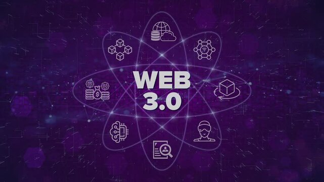 Web 3.0 construction concept video on virtual screen. Semantic Web, Metaverse, 3D Graphics, Connectivity (Ubiquity), Decentralization, Digital Identities, Micropayments, AI, Big Data, Blockchain.