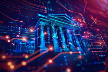 Digital Financial Institution Concept. An artistic representation of a financial institution with digital and futuristic elements, symbolizing the integration of technology in banking.