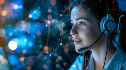 Customer Service Representative with Headset. A customer service representative wearing a headset, surrounded by a digital network overlay, representing communication, support, and connectivity.