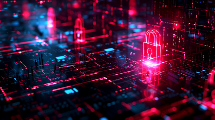 Obraz premium Digital Padlock on Cybersecurity Network. A digital padlock symbol on a glowing network, representing cybersecurity. The red and blue lights create a high-tech, secure atmosphere for data protection.