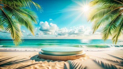 Fototapeta premium Tropical beach with palm trees and a round table on sand. Tropical beach with palm trees and a round table. Beach podium with palm trees