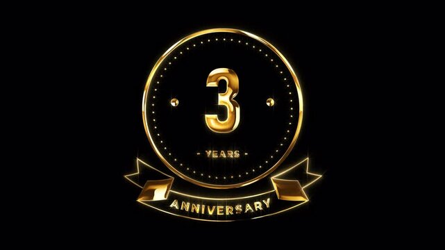 3rd Anniversary Celebration. Happy 3 Years Anniversary Animation in Gold Color on the Transparent Background, Alpha Channel. Great for greetings, celebrations, events, and gifts.