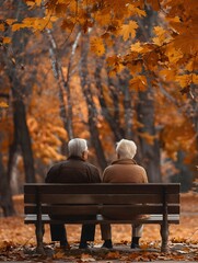 Elderly Couple Enjoying Autumn Serenity on Park Bench Together