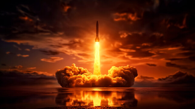 A rocket is launching into the sky with a bright orange flame