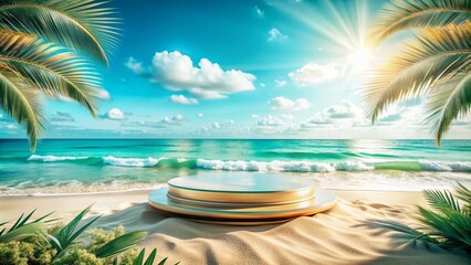 Obraz premium Tropical beach with palm trees and a round table on sand. Tropical beach with palm trees and a round table. Beach podium with palm trees