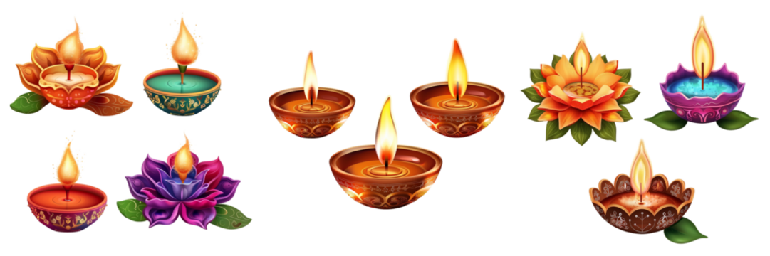 Set of clay lamps diyas for Diwali festival on transparent background 