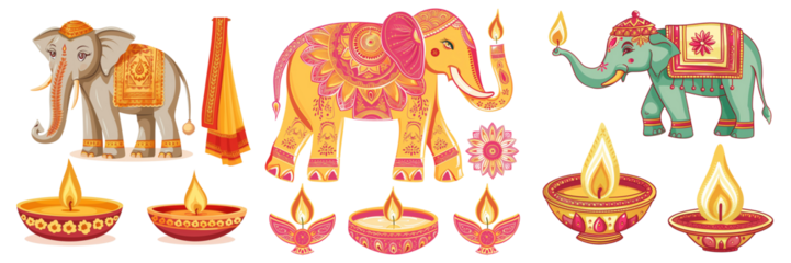 Symbols of Diwali festival on transparent background 