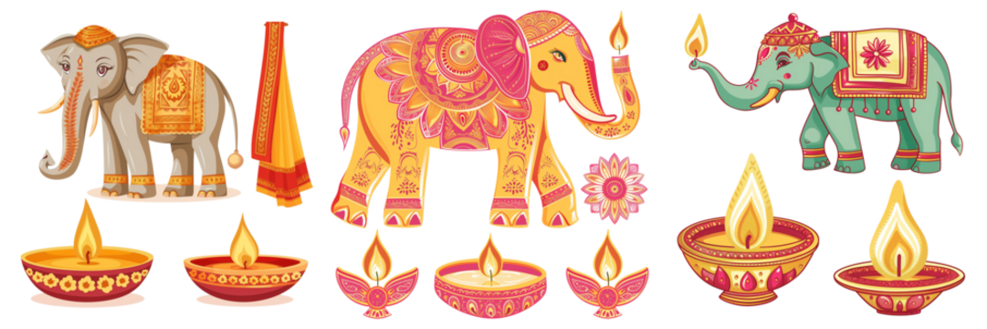 Symbols of Diwali festival on transparent background  - Powered by Adobe