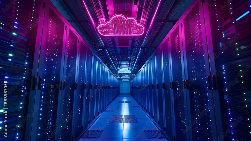 Poster futuristic data center cloud computing infrastructure with vibrant neon lights