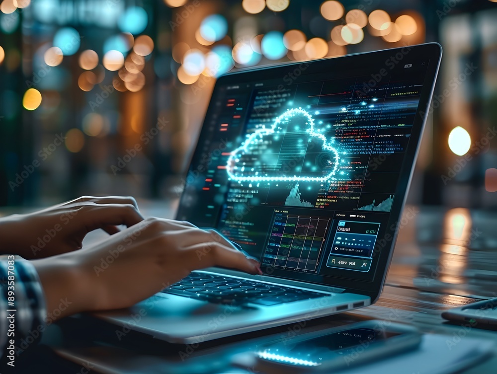 Poster Holographic Cloud Interface Displaying Data and Analytics on Programmer s Laptop