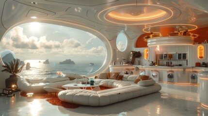 Obraz premium Futuristic Living Room With Ocean View and Curved Walls. Generative AI