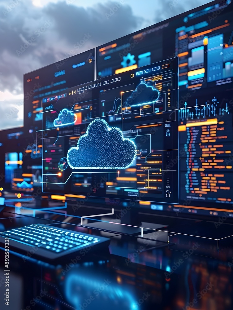 Poster virtual cloud based desktop environment with multiple screens showcasing digital applications and se