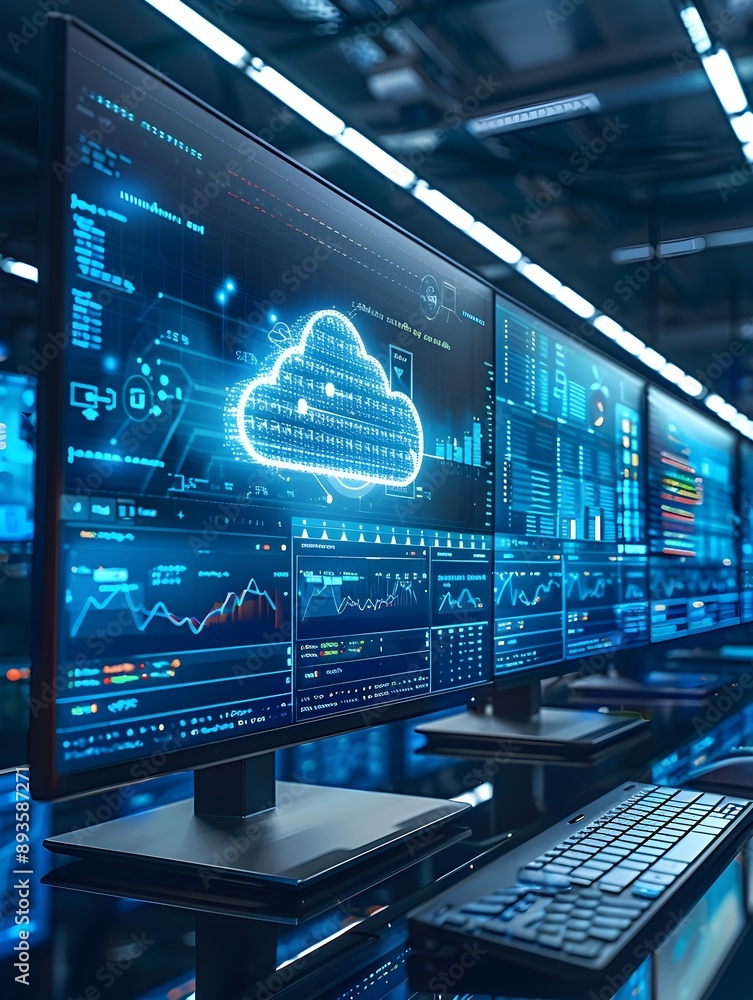 Poster virtual desktop environment with multiple screens showcasing cloud based applications and services