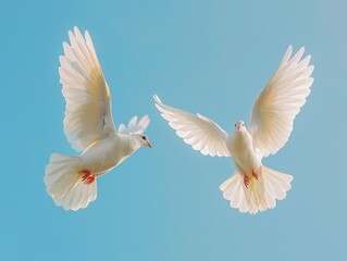 Two white birds flying through a clear blue sky