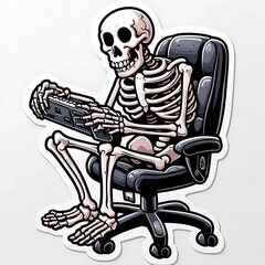Skeleton sitting in office chair holding a keyboard. Cartoon style sticker with white border isolated on white background. Halloween and office work concept.