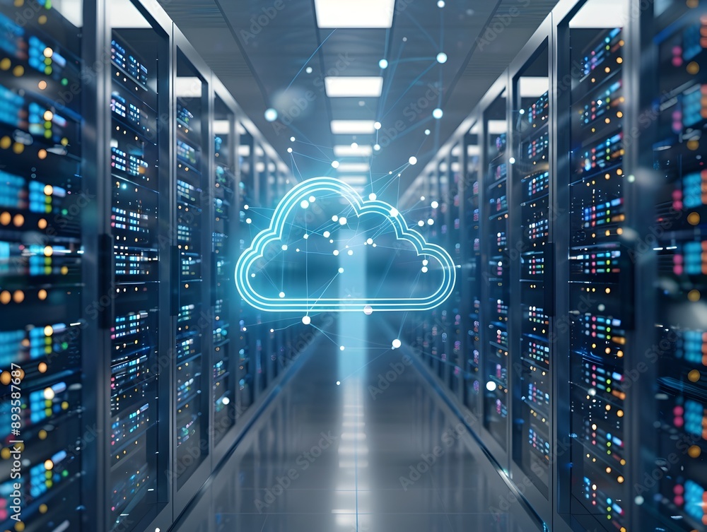 Poster cloud infrastructure concept with advanced server and storage network connections in digital technol