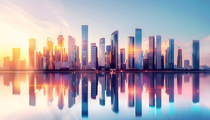 Fototapeta premium Cityscape with Colorful Reflections at Sunrise