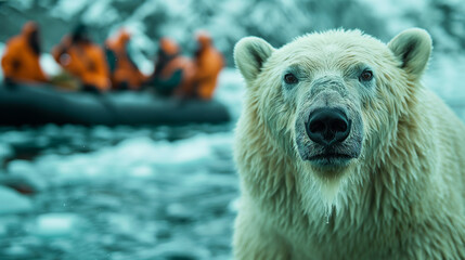 Fototapeta premium A polar bear stares into the camera with tourists watching from a boat in the arctic landscape.