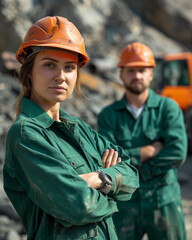 Woman and man dressed in green work uniforms, wearing orange helmets, on the background of a quarry, quarry vehicles