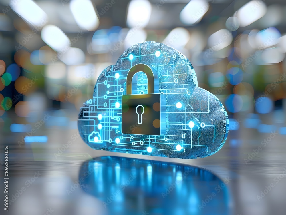 Poster conceptual image of secure cloud data transfer with encryption symbols
