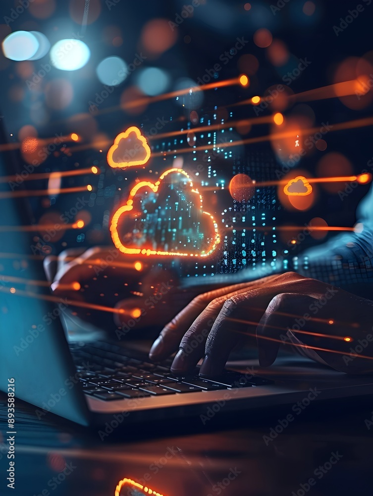 Poster laptop screen displaying cloud computing development and coding icons