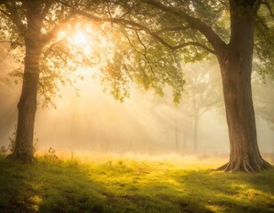 햇빛이 비치는 안개 낀 공원 풍경