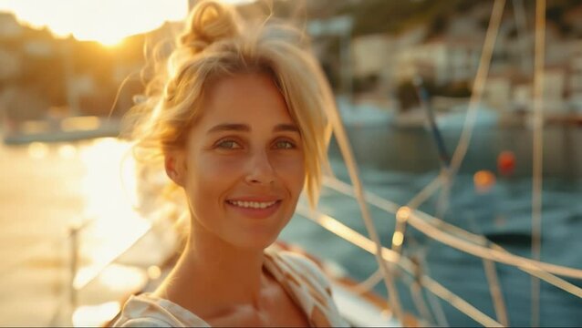 happy woman in the stern of a boat