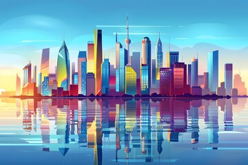 Vibrant City Skyline Reflected in Calm Waters